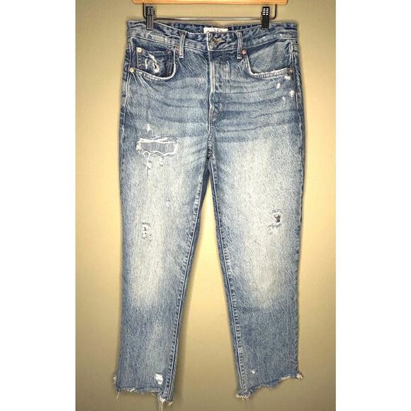 We the Free Distressed Jeans Free People Blue Cropped Mid Rise Button Fly 28 - Picture 1 of 8